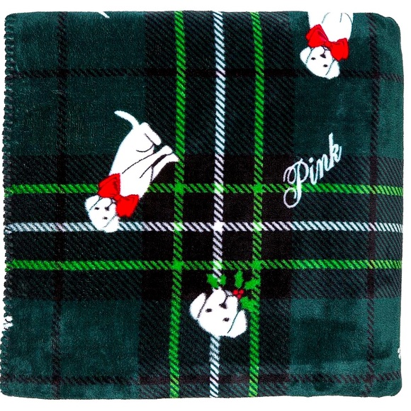 PINK Victoria's Secret Other - VS PINK Fleece Blanket Blue Tartan Plaid w/ PINK Logo Pup w/Red Bow 50”x60”